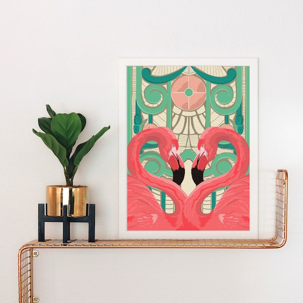 Art Deco Flamingos Art Print | Miami Style | Art Deco Architecture | Concrete Relief | Pink and Green Building Details | Art Deco Style