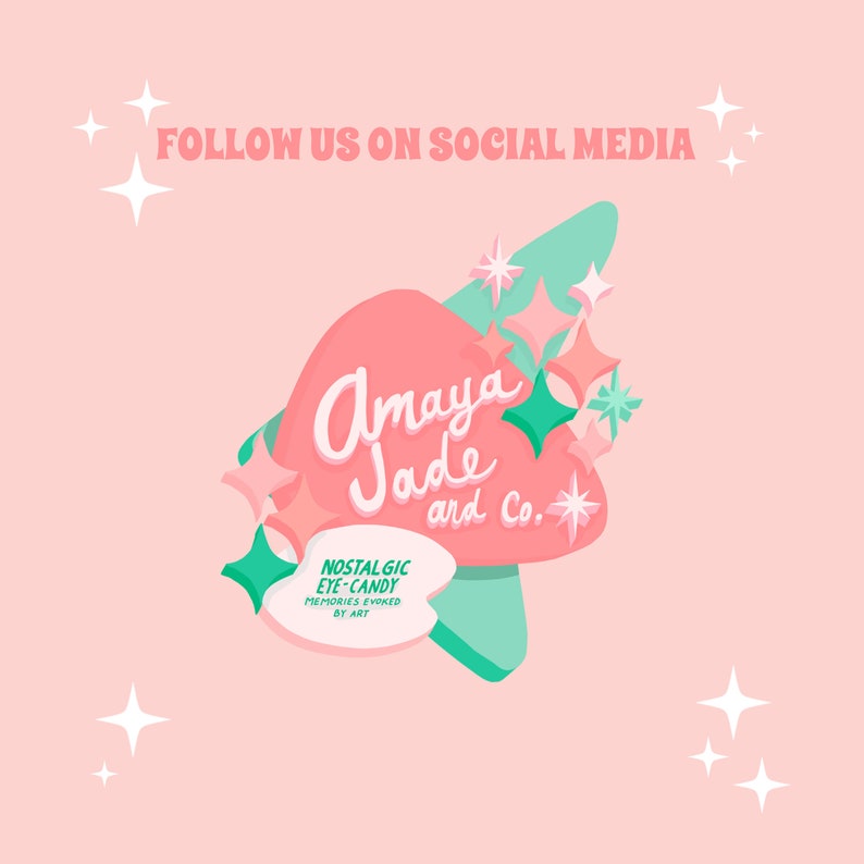 May include: A pink graphic with the text "FOLLOW US ON SOCIAL MEDIA" and the brand name "Amaya Jade and Co." in a retro font. The design includes a pink and teal shape with starburst accents and the tagline "NOSTALGIC EYE-CANDY MEMORIES EVOKED BY ART."