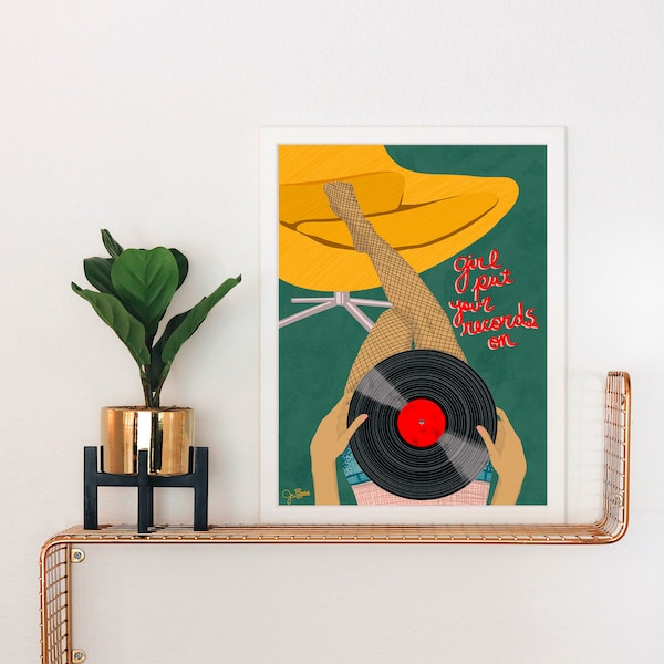 Girl Put Your Records On Art Print, Music Art, Vinyl Record Art, Vintage Vibe, Retro, MCM, Vintage Style Not Vintage Values, Gift for Her