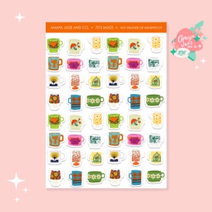 May include: A sheet of 36 colorful 70's style mug stickers. The mugs are in various colors and patterns, including green, blue, yellow, orange, pink, and white. The stickers are arranged in a grid pattern. The text "AMAYA JADE AND CO. 70'S MUGS NOT WEATHER OR WATERPROOF" is at the top of the sheet.