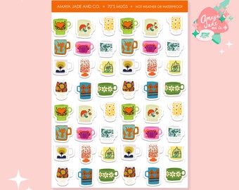 May include: A sheet of 36 colorful 70's style mug stickers. The mugs are in various colors and patterns, including green, blue, yellow, orange, pink, and white. The stickers are arranged in a grid pattern. The text "AMAYA JADE AND CO. 70'S MUGS NOT WEATHER OR WATERPROOF" is at the top of the sheet.