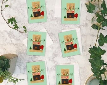 Mid Century Christmas Fireplace Cards with Envelopes - Set of 6