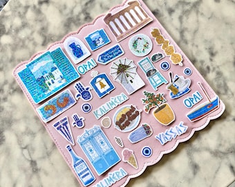Greece Holographic Sticker Pack: Santorini, Travel Scrapbook Stickers