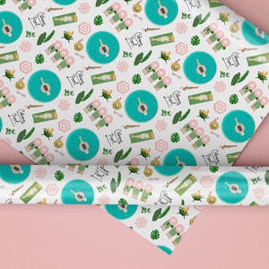 May include: A roll of white wrapping paper with a repeating pattern of turquoise swimming pools, pink flowers, green palm leaves, and the text "Cabana Pool" in black.