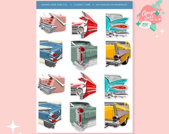 May include: A sheet of 12 classic car stickers. The stickers feature the rear ends of vintage cars in various colors, including red, blue, yellow, and green. The stickers are perfect for adding a touch of nostalgia to your planner, laptop, or water bottle.