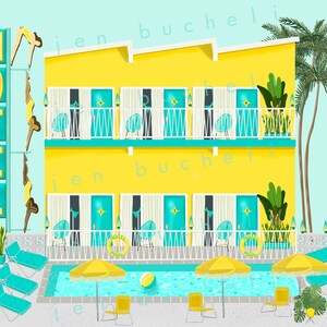 May include: A yellow motel with a turquoise pool and palm trees. The motel sign says "MOTEL". There are several people diving into the pool.