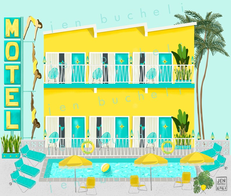 May include: A yellow motel with a turquoise pool and palm trees. The motel sign says "MOTEL". There are several people diving into the pool.