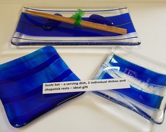 Fused Glass Sushi  Set - Serving Dish, two individual dishes and chopstick rests