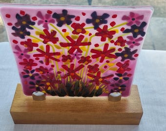 Amaranth Pink - Fused Glass Mounted Plaque on  Stained Redwood Block