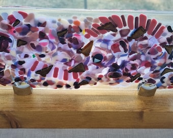 Coral- Fused Glass Mounted Plaque on  Stained Wooden Block