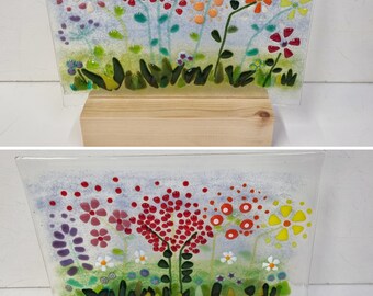 Large Fused Glass Interchangeable Plaques and Wooden Support Blocks in Redwood Softwood