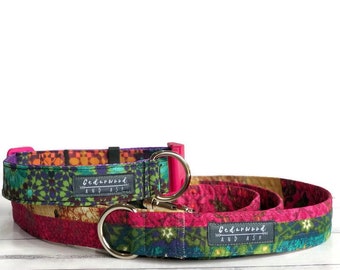 Handmade Dog Collar and Leash. ‘Exotic bliss’. Durable Fabric Collar. Machine Washable. Available 20mm or 25mm Wide.