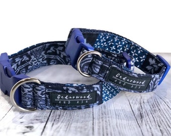 Handmade Dog Collar and Leash Set. Stunning Blue Boho Patchwork Thick Cotton. Machine Washable. Available 20mm or 25mm Wide.