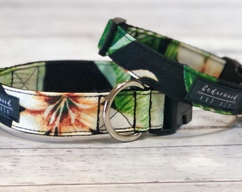 Dog Collar and Leash. Handmade. Jungle Paradise. Durable Fabric Collar. Machine Washable. Available 20mm or 25mm Wide.