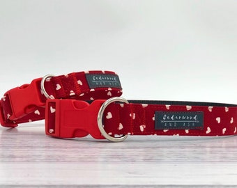 Be My Valentine Dog Collar and Leash. Handmade in Aus. Red with white heart fabric collar. Machine Washable. Available 20mm or 25mm Wide.