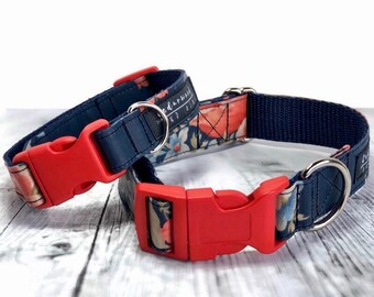 Dog Collar. Wipe to Clean. Floral Red on Navy. Handmade in Aus. Matching Leash/Lead available. Super Durable.