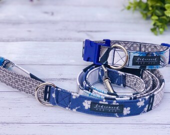 Dog Collar and Leash. Handmade. Blue Floral Patchwork. Fabric Collar. Machine Washable. Available 20mm or 25mm Wide.