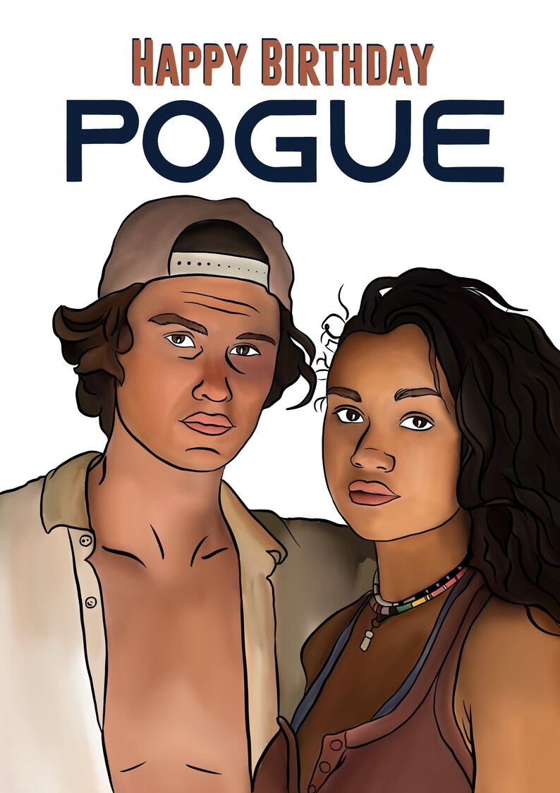 Puede incluir: Una tarjeta de cumplea&ntilde;os con una ilustraci&oacute;n de dibujos animados de dos personas, un hombre con una gorra de b&eacute;isbol y una mujer con el pelo largo y oscuro. El texto "HAPPY BIRTHDAY POGUE" est&aacute; en la parte superior de la tarjeta.
