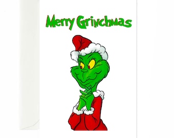 Puede incluir: Un Grinch verde con un gorro de Papá Noel y un traje rojo con el texto "Merry Grinchmas" encima.