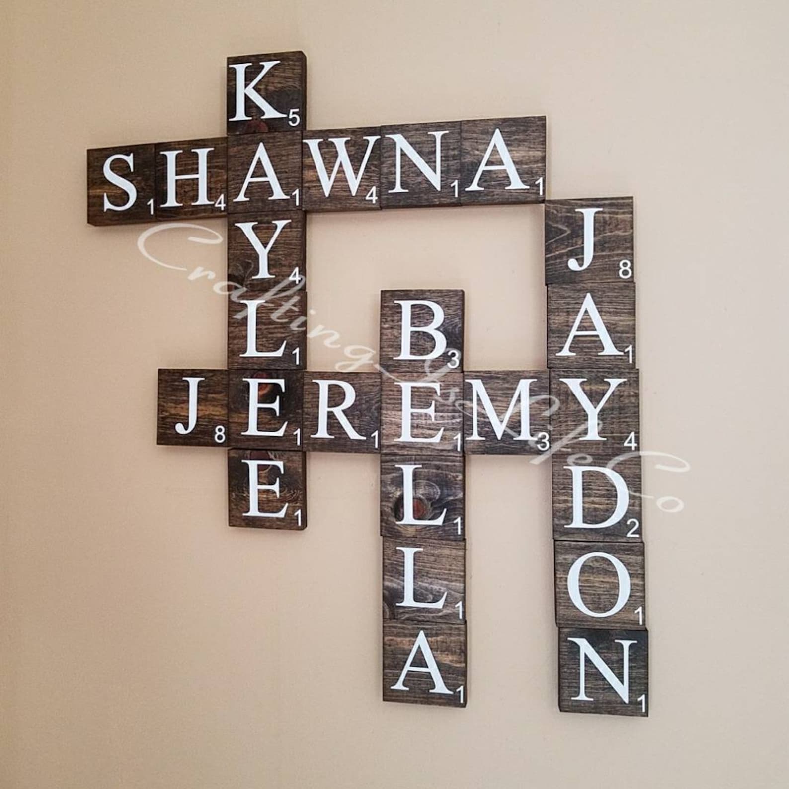Personalized Wooden Scrabble Family Name Tiles Wall Decor (Connected or single tiles) 3.5x3.5 inches - dark walnut stain - Price Per Tile - Connected, Yes