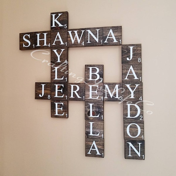 Personalized Wooden Scrabble Family Name Tiles Wall Decor (Connected or single tiles) 3.5x3.5 inches - dark walnut stain - Price Per Tile