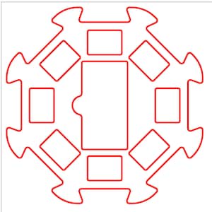 Könnte beinhalten: Ein roter Umriss einer komplexen geometrischen Form auf weißem Hintergrund. Das Design zeigt eine zentrale rechteckige Form mit einer gebogenen Vertiefung, umgeben von rechteckigen und abgewinkelten Formen, alle durch eine durchgehende rote Linie verbunden.