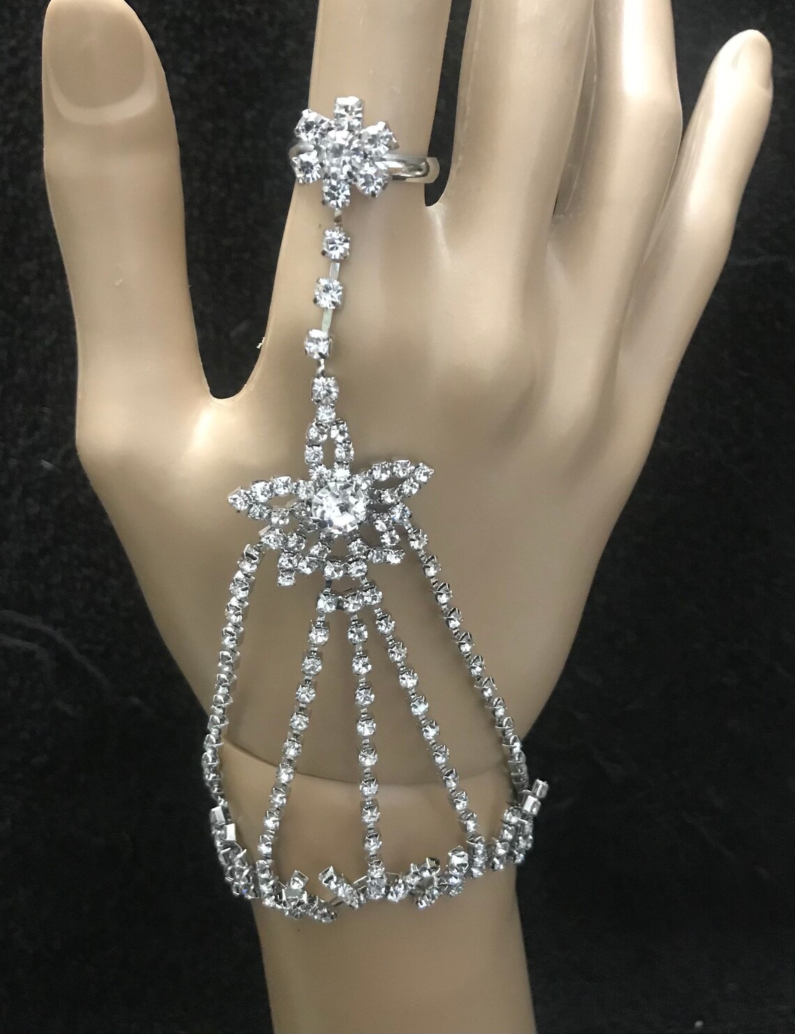 Rhinestone Bracelet With Ring Attached Etsy