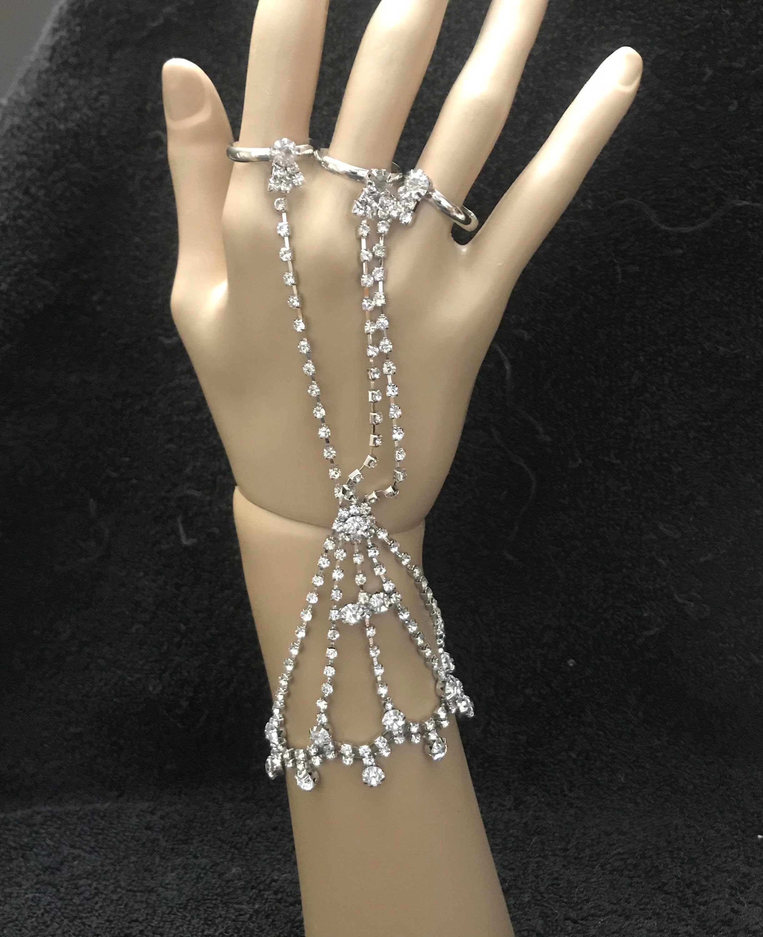 Rhinestone Bracelet With Ring Attached Etsy