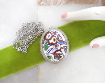 Vintage Millefiori Locket Pendant Necklace Art Glass Picture Photo Pill Box Silver Tone Chain Mid Century Keepsake Jewelry,  VivianJoel.com