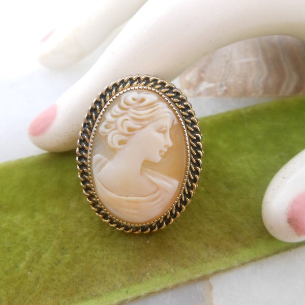 Vintage CATAMORE Cameo Brooch Pin Gold Fill GF Designer Artisan Carved Shell Mid Century Victorian Revival Jewelry Gift, VivianJoel.com