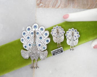 Vintage STERLING SILVER Brooch Earrings Set Peacock Bird Teal White Enamel McM VITAL Siam Designer Demi Parure Jewelry Gift, VivianJoel.com