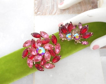 Vintage Pink Red Rhinestone Brooch Earrings Set Pinwheel Flower Aurora Borealis Crystal Demi Parure Mid Century Jewelry Gift, VivianJoel.com