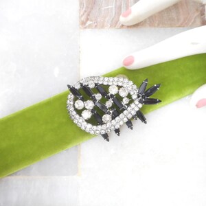 Vintage Jet Black Rhinestone Brooch Ice Clear Crystal Navette Abstract Flower Corsage Mid Century Jewelry Gift, VivianJoel.com
