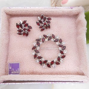 Vintage B DAVID Rhinestone Brooch Earrings Set Ruby Red Ice Clear Crystal Designer Mid Century Jewelry Original Box, VivianJoel.com
