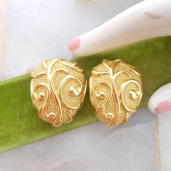 Vintage BARRERA For AVON Earrings Clip On Chunky JUmbo Gold Plate Mogul Statement Designer Jewelry Gift, VivianJoel.com