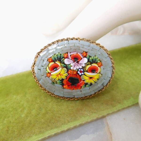 Vintage ITALY Micro Mosaic Brooch Glass Tile Flower Pin Micromosaic Floral Bouquet Mid Century Jewelry Gift, VivianJoel.com