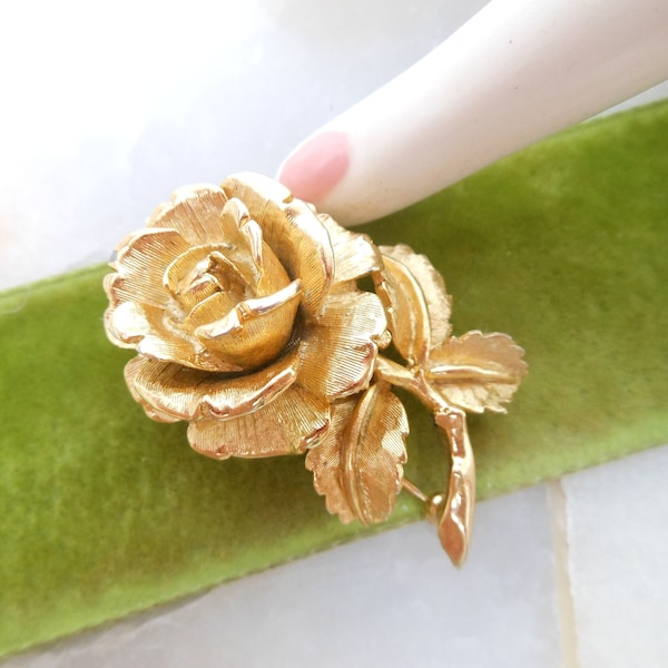 Vintage NAPIER Designer Brooch Rose Flower Pin Classic Timeless Gold Plate Classic Timeless Jewelry Gift Mid Century, VivianJoel.com