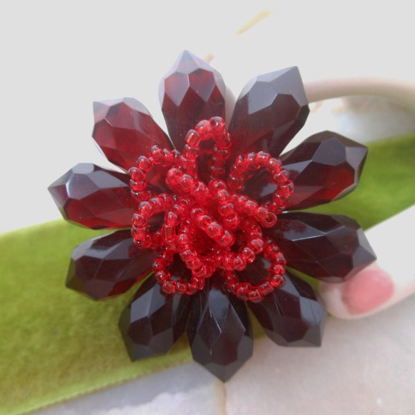 Vintage Mod Chunky Brooch Bead Cluster Pin Ruby Red Lucite Glass Seed Flower Mid Century Jewelry Gift, VivianJoel.com