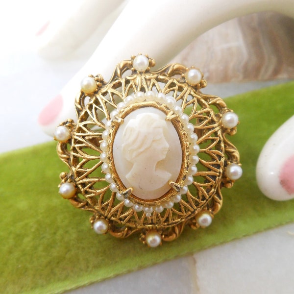 Vintage FLORENZA Brooch Victorian Revival Pin Pendant Cameo Ornate Faux Pearl Mid Century Designer Jewelry Gift, VivianJoel.com