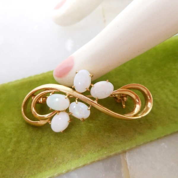 Vintage Opal Flower Pin Elegant Scroll Brooch October Birthday Regency Revival Jewelry Gift Mid Century, VivianJoel.com