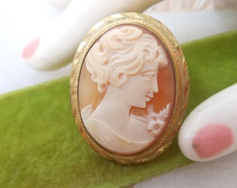 Vintage Gold Filled Cameo Brooch Carved Shell Pin Pendant GF CURTIS CREATIONS Mid Century Designer Jewelry Gift, VivianJoel.com