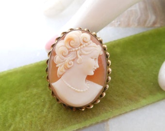 Vintage Carved Cameo Brooch Designer Shell Pin Pendant Gold Fill GF Curtis Creations Mid Century Victorian Revival Gift, VivianJoel.com