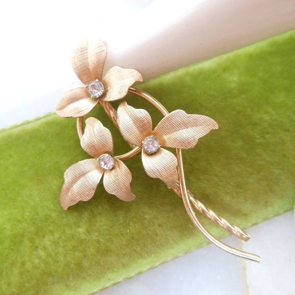 Vintage VAN DELL Crystal Brooch GF Flower Pin Gold Fill Delicate Elegant Mid Century Designer Jewelry Gift, VivianJoel.com