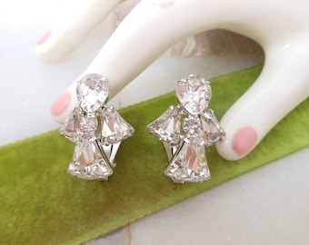 Vintage EISENBERG Angel Earrings Clip On Designer Ice Clear Rhinestone Crystal Wedding Holiday Glam Jewelry Gift Mid Century, VivianJoel.com