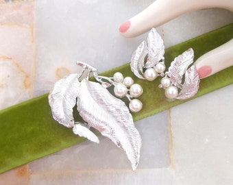 Vintage SARAH COVENTRY Brooch Earring SET Silvery Splendor Pearl Flower Leaf Pin Mid Century Designer Jewelry Gift, VivianJoel.com