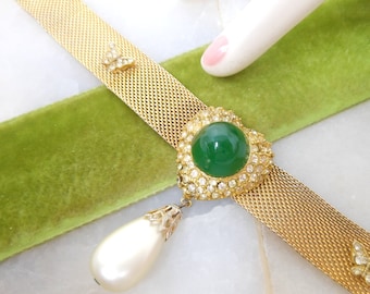 Vintage KENNETH Jay LANE KJL Necklace Choker Gold Plate Mesh Emerald Green Cabochon Rhinestone Designer Jewelry *As Is Read*, VivianJoel.com
