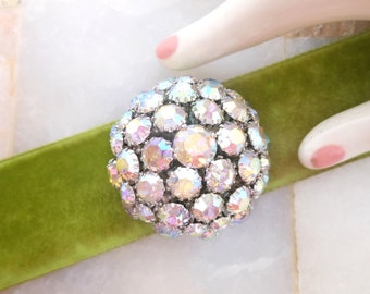 Vintage WARNER Rhinestone Brooch Aurora Borealis Domed Rainbow Crystal Snowball Pin Mid Century Jewelry *As Is*, VivianJoel.com