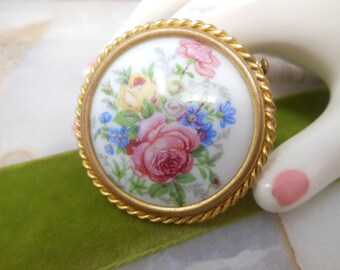 France Hand Signed Rose Bouquet Gold Gilt Lace Porcelain BROOCH Pin Vintage 19C Hand Painted Limoges REF 376