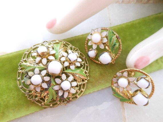 Vintage CZECH Gilt Brooch Earrings Set Screw Back Ornate Enamel
