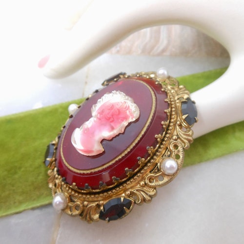 Vintage WEST GERMANY Cameo Ornate Brooch Red Glass Rhinestone Filigree Pin Renaissance Victorian Revival shops Jewelry Mid Century, VivianJoel.com